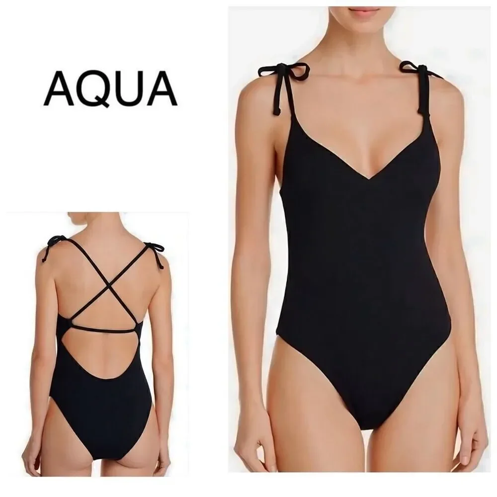 New. AQUA black ribbed v-neck. Medium . Retails $98